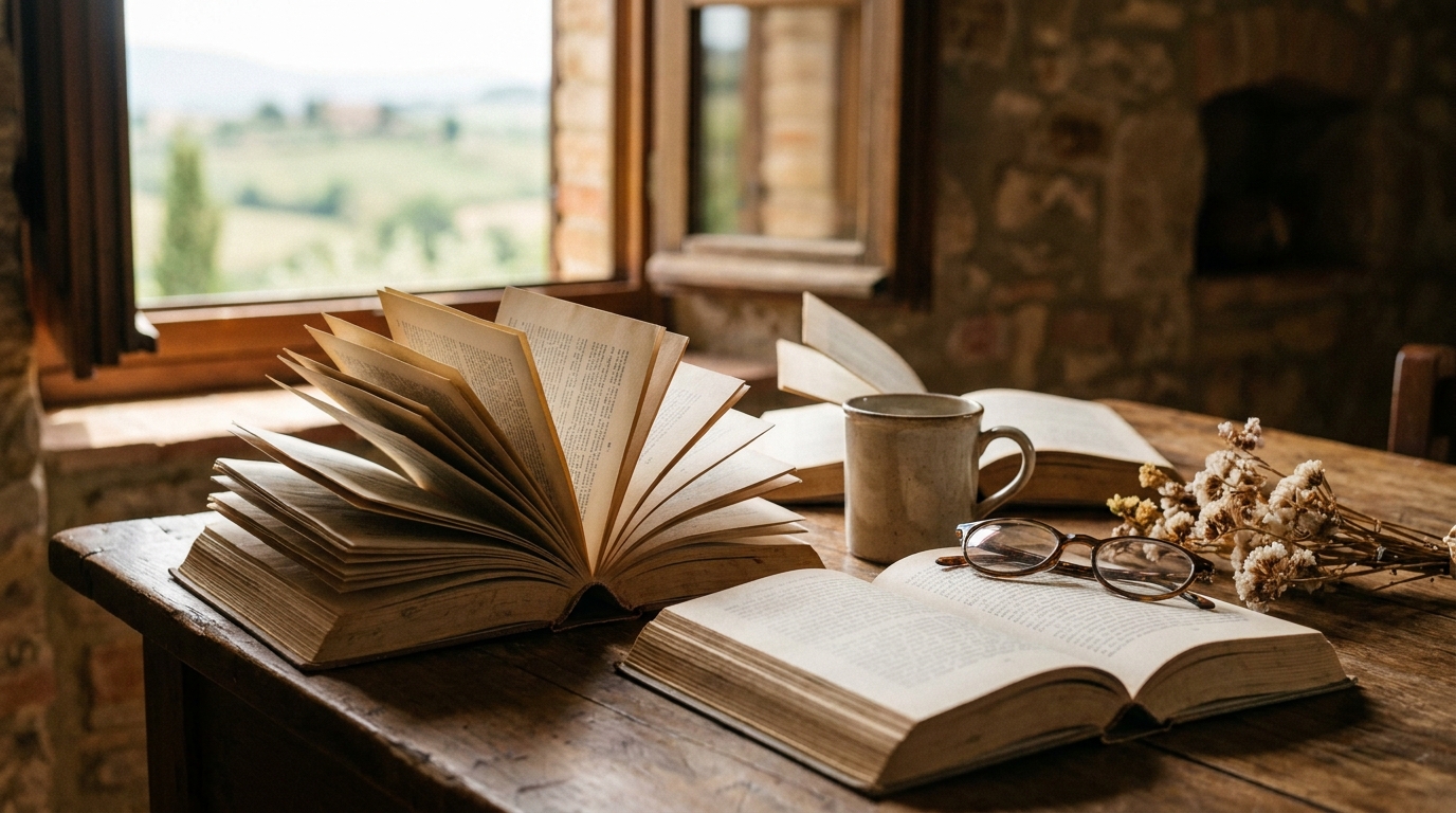 Libri aperti su un tavolo con luce naturale che filtra da una finestra