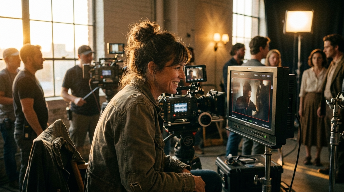 Regista cinematografica che osserva il monitor sul set, luci warm