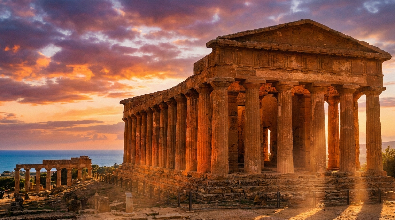 Tempio greco di Agrigento al tramonto con colonne dorate sulla Valle dei Templi